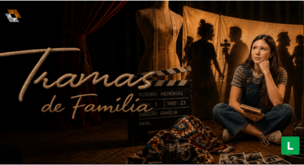 Cartaz horizontal da peça de teatro Tramas de Família. O nome é escrito em uma fonte que lembra um bordado. À direita do cartaz, uma mulher jovem, de pele clara, olhos e cabelos castanhos, lisos, compridos e soltos. Ela está usa uma camiseta listrada e um macação jeans sentada no chão com um livro apoiado na perna e a mão esquerda apoiada no queixo. À frente dela, no chão, algumas fotografia em preto e branco, uma câmera fotográfica antiga e uma colcha de crochê. Ao lado, uma claquete de cinema e um manequim de pano com uma fita métrica pendurada. Ao fundo, a silhueta de uma mulher, dois homens e uma criança. A arte tem tons sépia. 