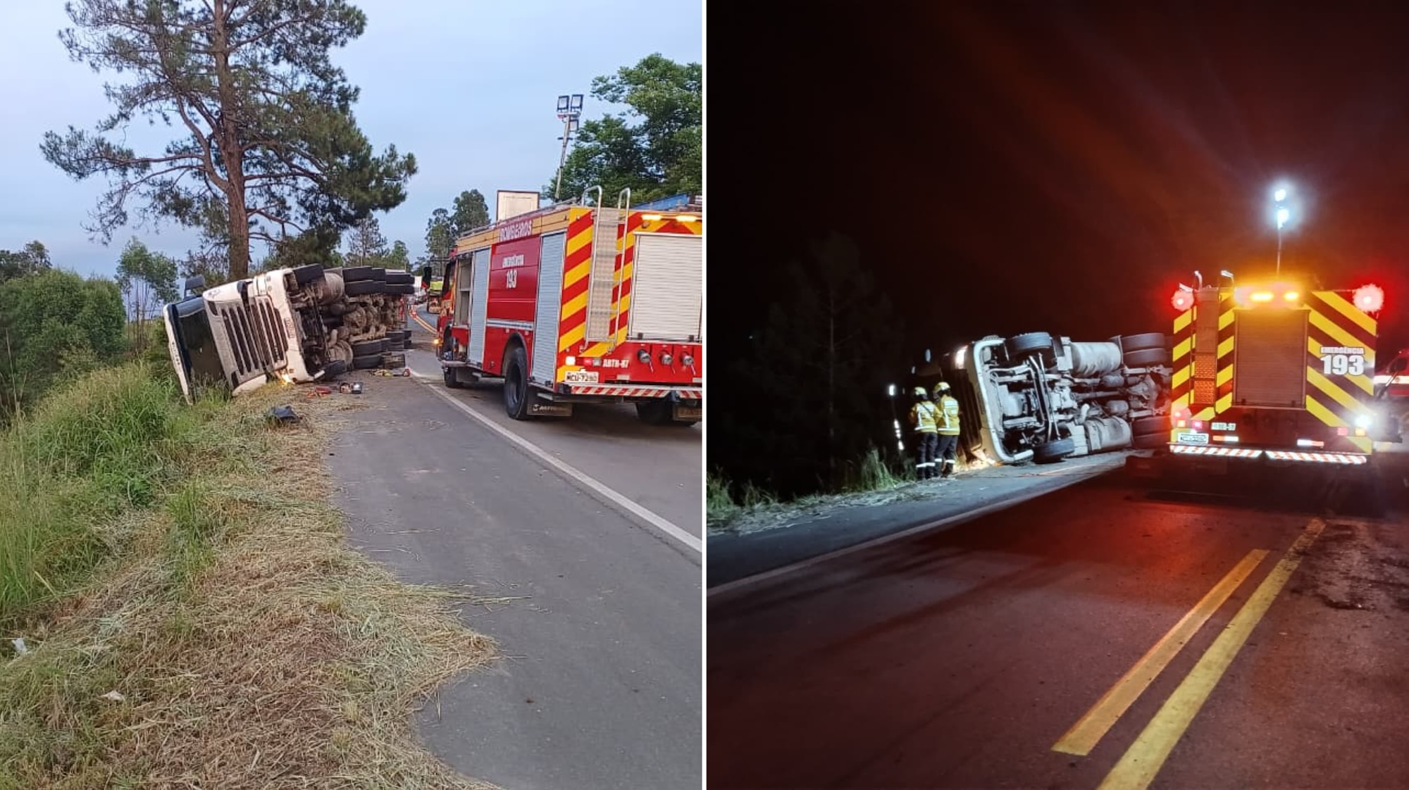 Caminhoneiro sofre queda de ribanceira e fica preso sob contêiner após tombamento na BR-470