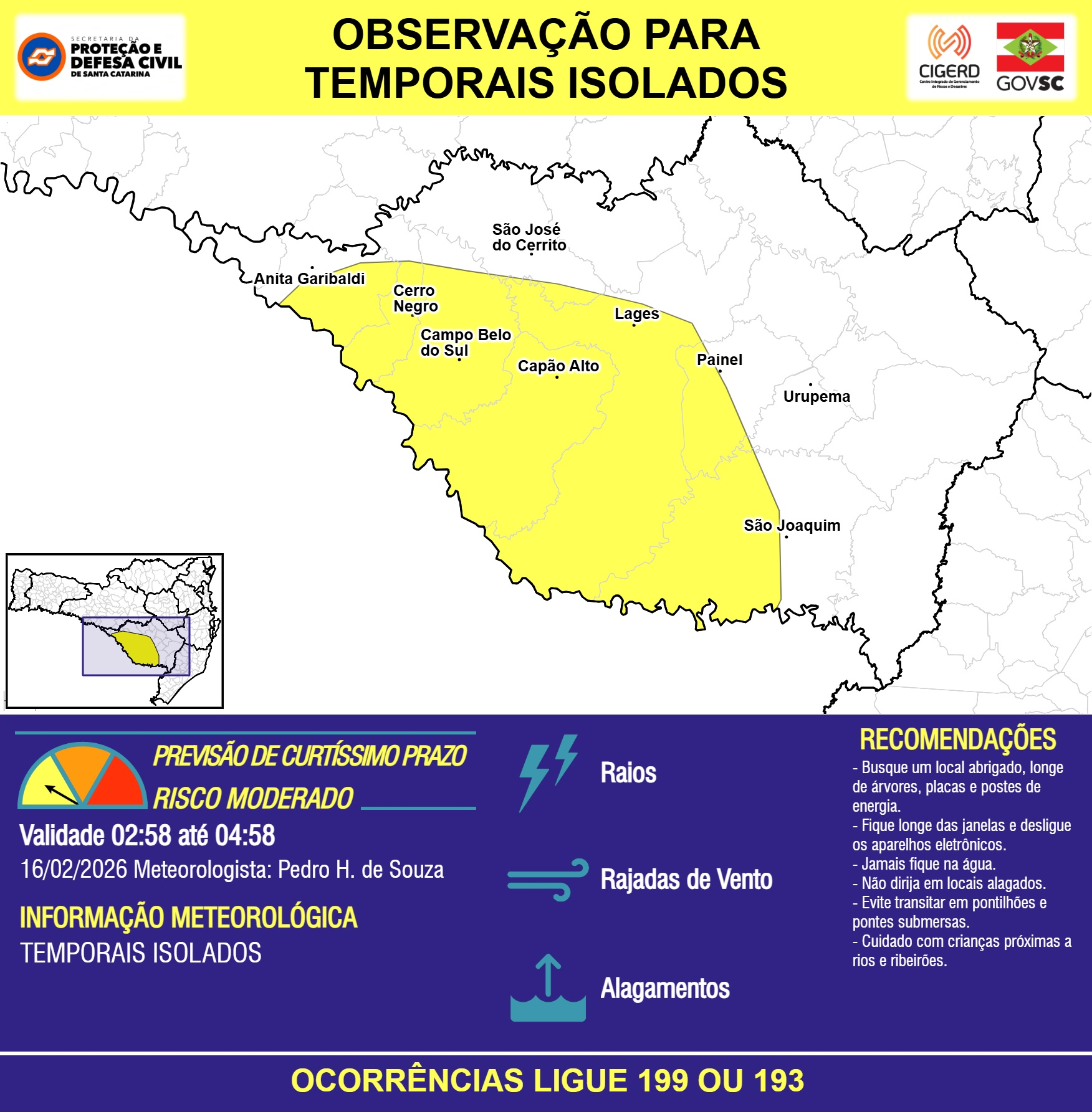 OBSERVAÇÃO - 16/02 02:58 - TEMPORAIS ISOLADOS com RAIOS, RAJADAS DE VENTO e ALAGAMENTOS pontuais nas próximas 2 horas