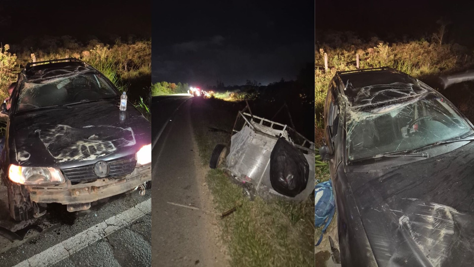 Criança de 5 anos fica ferida após carro bater em carretinha de catador e capotar em Garuva